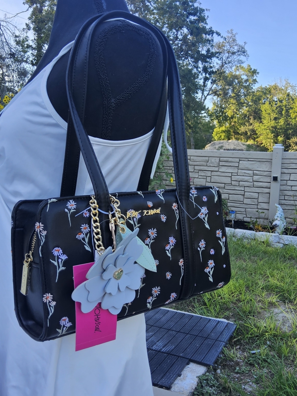 NWT-Betsey Johnson Black Floral Satchel with Light Blue Flower Charm - Picture 6 of 6